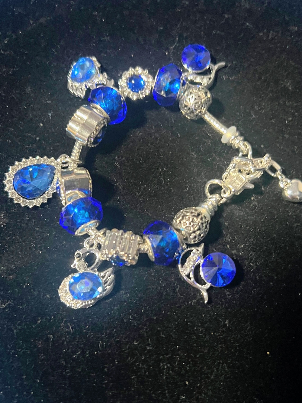 Silver Charm Bracelet with Deep Blue Crystal Beads